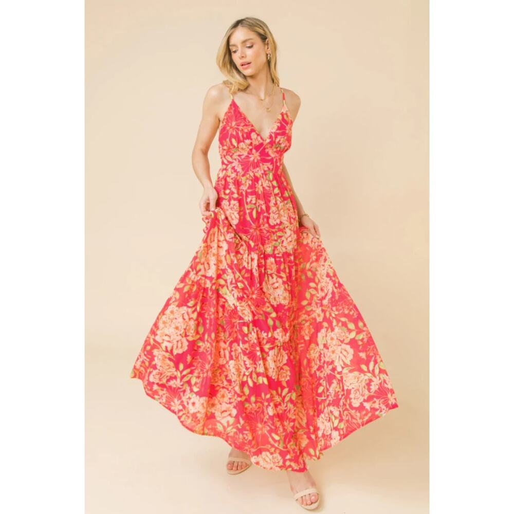 NWT Flying Tomato Women Evolving Love Floral V-Neck Tiered Maxi Dress Sz‎ M Pink - Picture 3 of 9